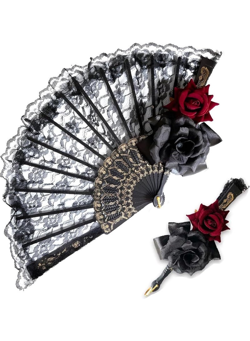 سان يي مروحة يدوية قابلة للطي، مروحة يدوية سوداء مزينة بالدانتيل والورود، مروحة إسبانية كبيرة قابلة للطي على الطراز القديم للسيدات والفتيات، مناسبة للحفلات وأزياء التنكرية والتصوير الفوتوغرافي، والعروض الحفلية، والرقص، والديكورات، والهدايا، 1 عبوة - Image 1